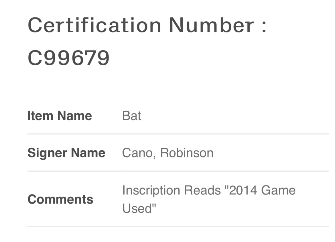 Robinson Cano Autographed Game Used Marucci Bat Signed Game Used 2014 Dual Cert